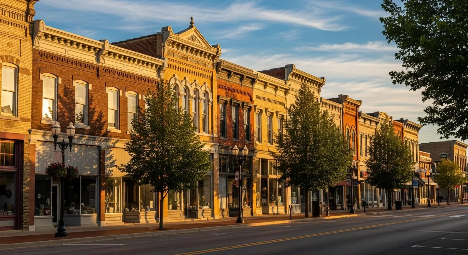 Main Street in Edwardsville, Illinois. The storefronts, lampposts, and Main Street America fabric of the Metro East.