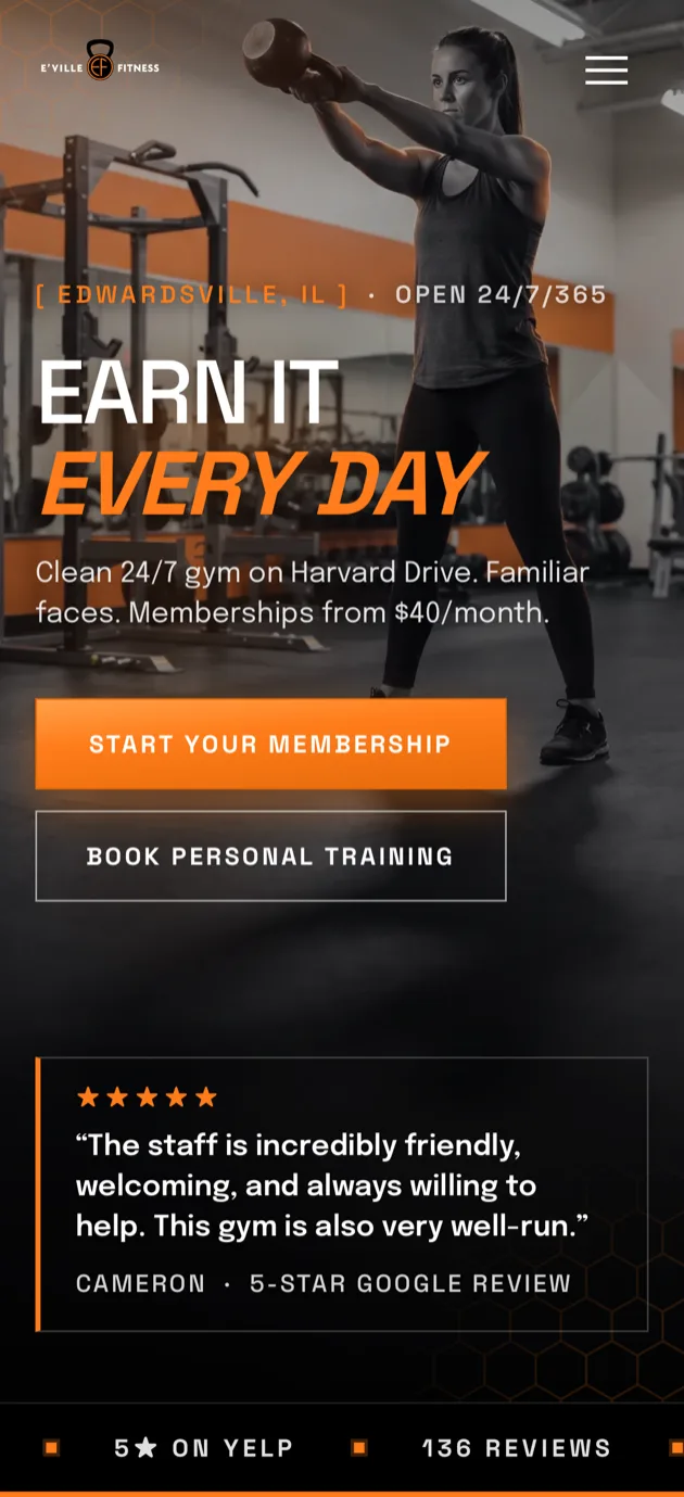 E'ville Fitness mobile homepage