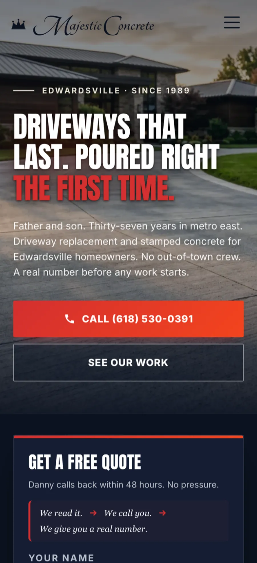 Majestic Concrete mobile homepage